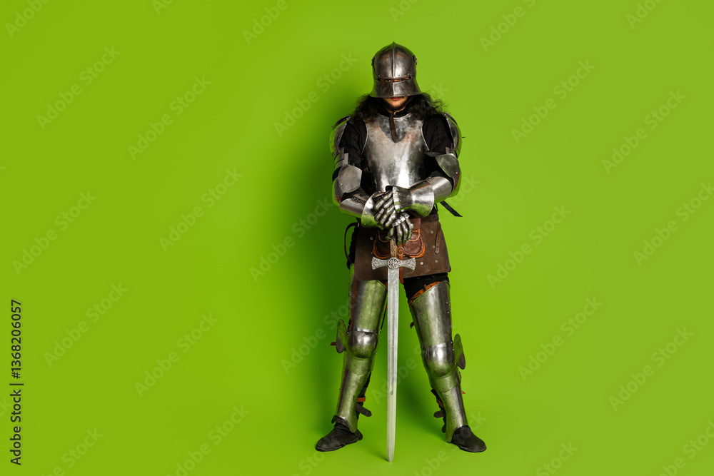 Fototapeta premium Medieval knight in shining armor holding a sword against a vibrant green backdrop, vividly illustrating historical themes and modern.