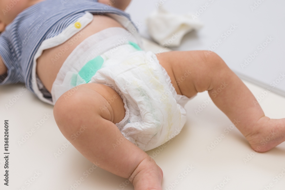 Baby lying on soft surface wearing diaper
