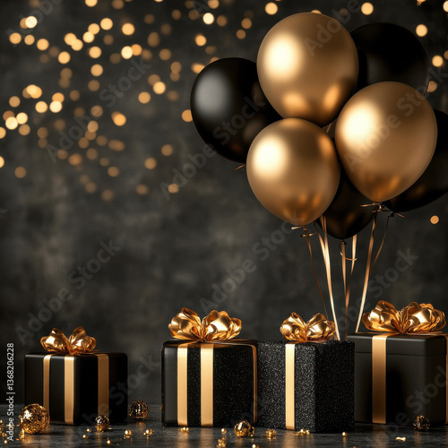 design, gift, balloon, gold, anniversary, birthday, christmas, decoration, event, greeting. anniversary party is coming to celebrate. luxury decoration, black and gold balloon put in .