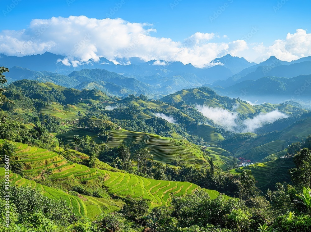 Obraz premium Landscape of lush green mountains and rice fields in the fog, the background is a blue sky with white clouds
