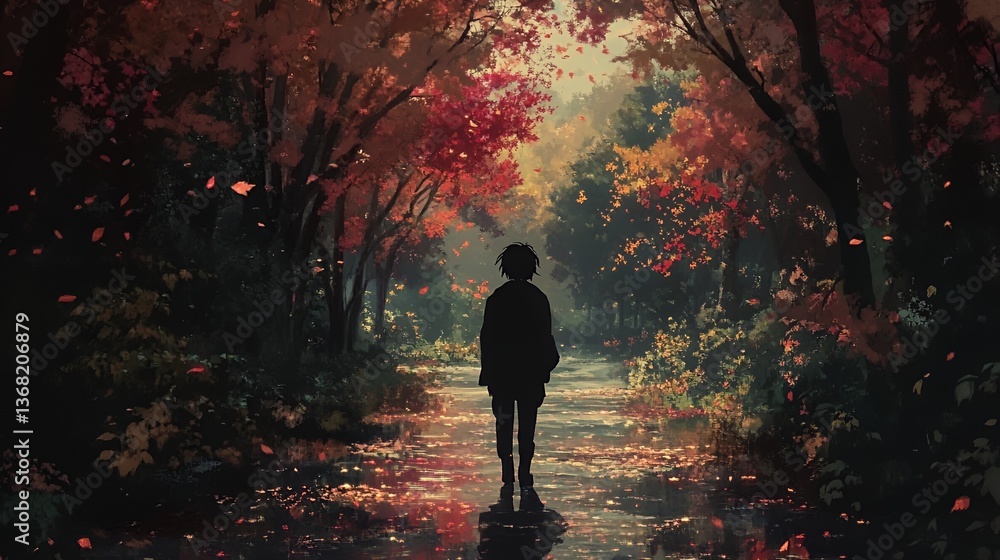 Silhouette of a young person walking through a vibrant autumn forest. Silhouette of a young person walking through a vibrant autumn forest.