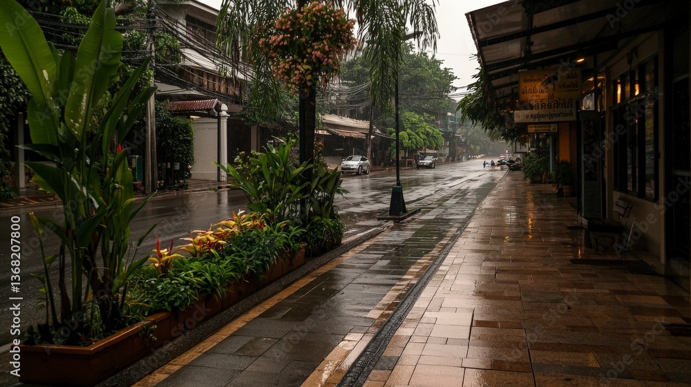 Fototapeta premium Rainy street scene urban city photography wet environment eye-level view serenity and reflection