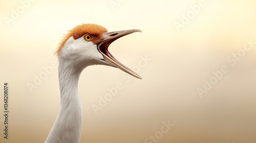 Majestic Crane with Wide Open Beak Calling into Morning Fog with Fine Facial Details