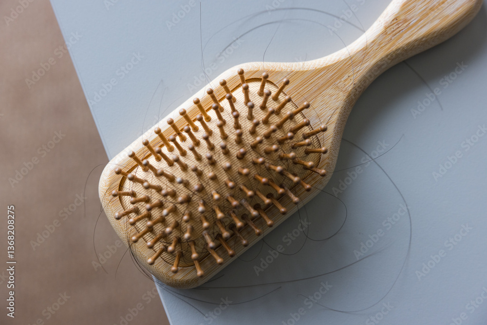 Fallen hair strands with wooden comb and hairbrush
