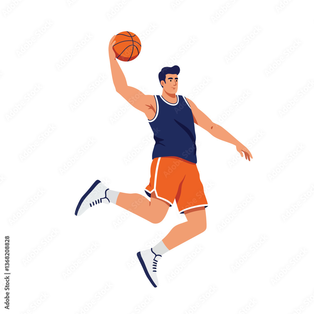 Male basketball player in motion performing a slam dunk in flat vector art Male basketball player in motion performing a slam dunk in flat vector art