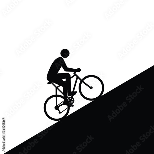 Bicycle rider climbing steep slope in minimal flat design vector art
