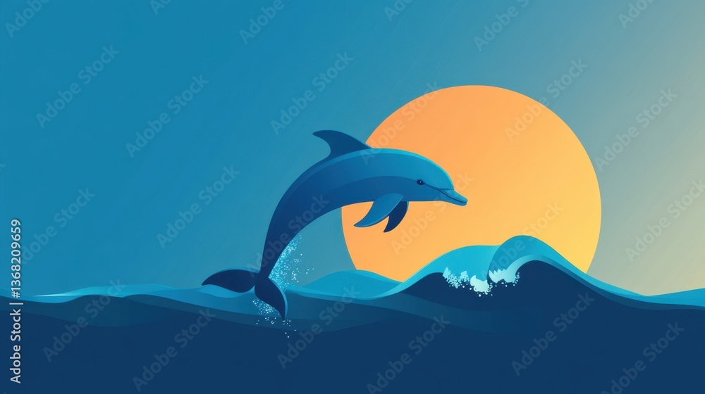 Fototapeta premium DolphinJumpingAboveWavesDuringSunsetInOceanWithVibrantColorsOfSkyAndCalmWaterCreatingAestheticNatureSceneForDigitalArt