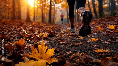 Autumn trail running adventure forest path sports photography vibrant leaves low angle outdoor exercise