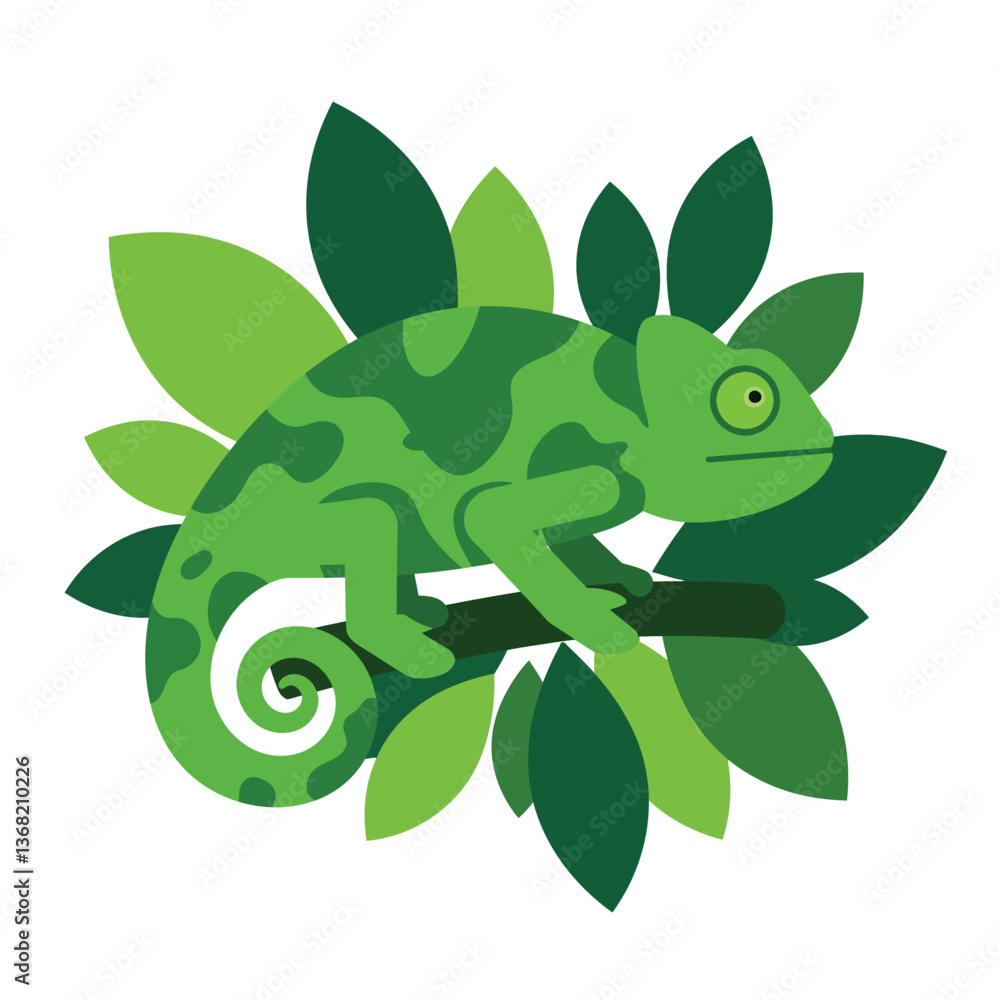 Fototapeta premium Chameleon perched on leafy branch in flat green style vector art