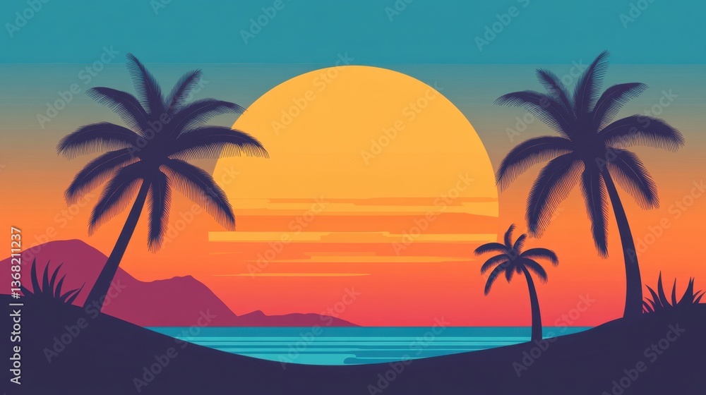 Serene Sunset Over Water with Silhouetted Palm Trees and Vibrant Colorful Sky at Dusk Serene Sunset Over Water with Silhouetted Palm Trees and Vibrant Colorful Sky at Dusk