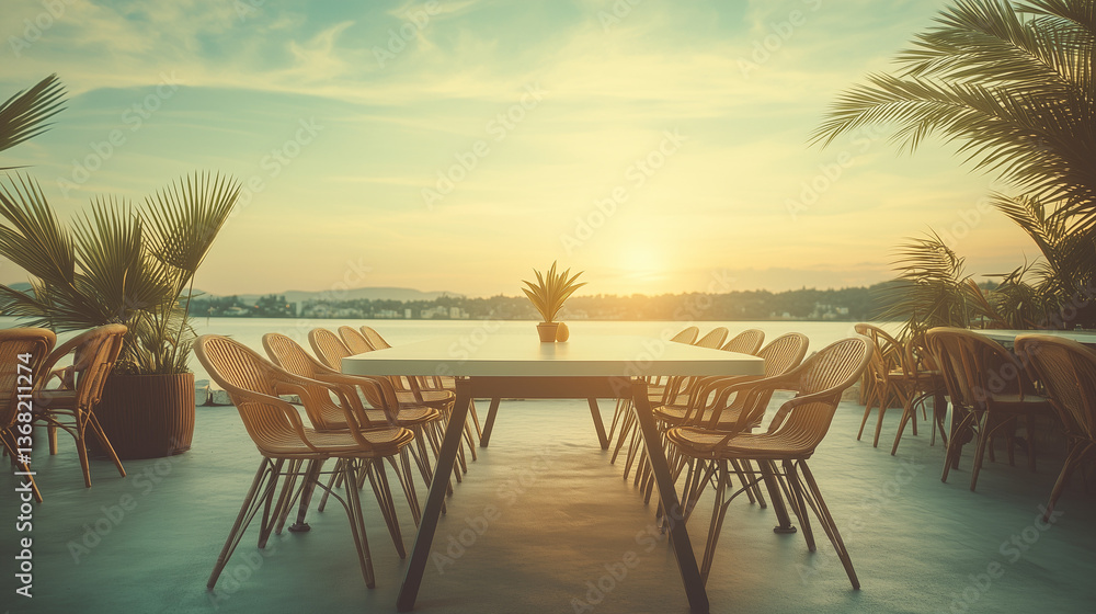 Fototapeta premium Wooden dining table on the beach, Beachside restaurant in summer with sunset view.