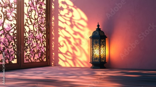 Beautifully lit lantern casting intricate shadows on a pink wall near a decorative window with floral patterns