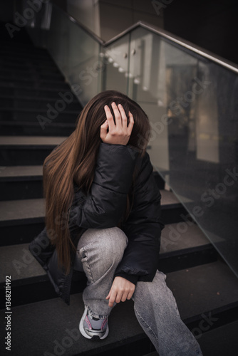 Stylish young woman in a black jacket on a city street on a cool day