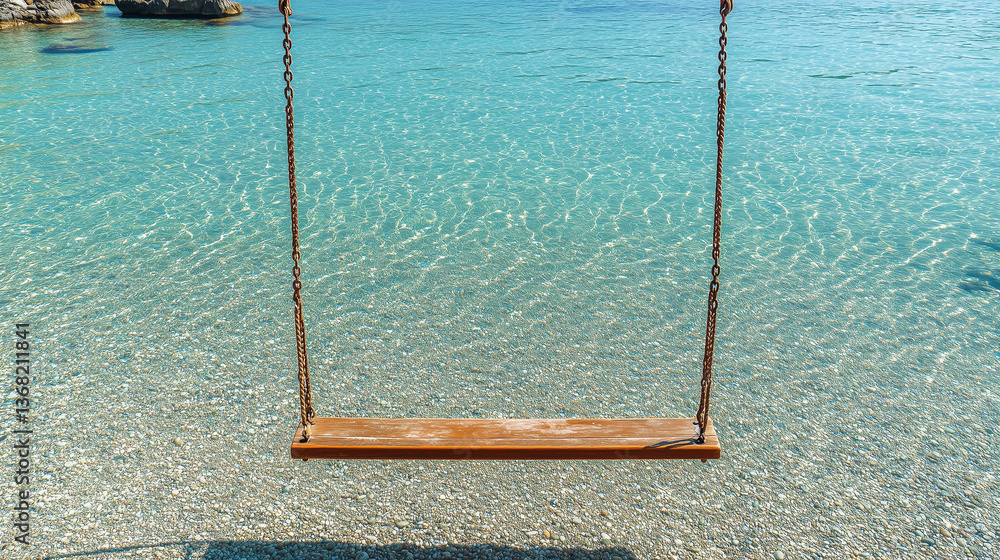 Obraz premium Scenery view of tropical beach in summer with swing and hammock, Landscape view of tropical island with clear sea water, Nice view beach in summer, Tourist spot beach in holiday and vacation in Asia.