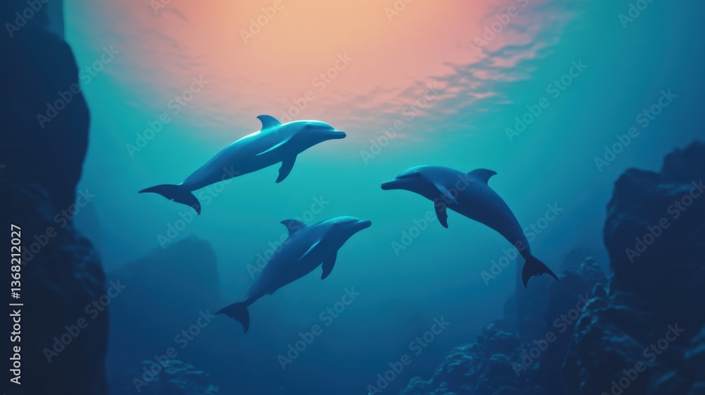 Obraz premium Three graceful dolphins swimming in a serene underwater world, showcasing vibrant colors and a tranquil ocean environment with natural light effects