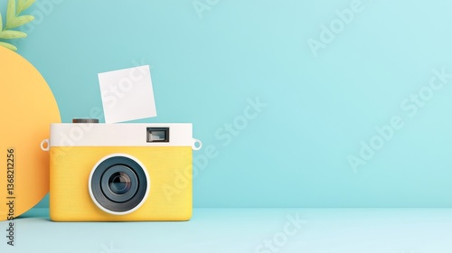 Vintage Camera with Instant Film on Colorful Background in Studio