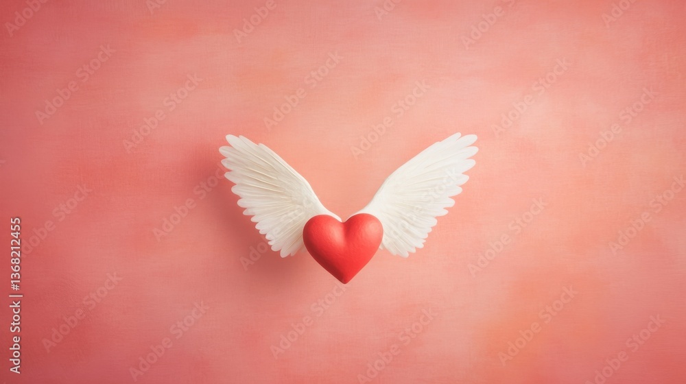 Fototapeta premium Red Heart with White Wings on Pink Background Symbolizing Love, Freedom, and Hope for Romantic and Inspirational Themes