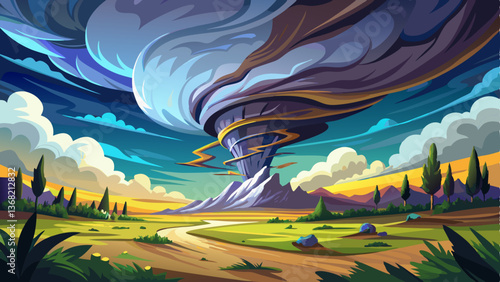 A chilling view of a massive storm with a tornado tearing through an open field