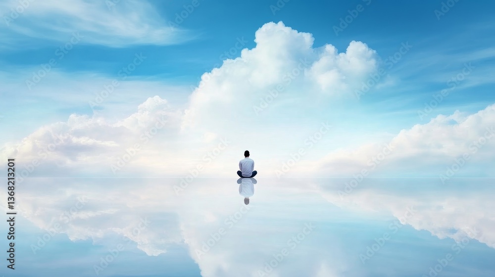 Tranquil Meditation on Serene Reflection Amidst Cloudy Blue Sky Tranquil Meditation on Serene Reflection Amidst Cloudy Blue Sky