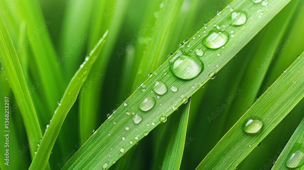 Macro shot of sparkling dewdrops on fresh green grass in morning light, pure nature scene Macro shot of sparkling dewdrops on fresh green grass in morning light, pure nature scene