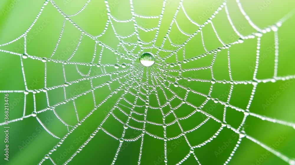 Obraz premium Glistening Dew on Spider Web in Morning Sunlight, Nature's Intricate Design