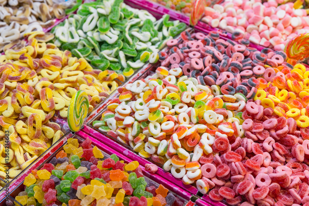 Delicious gummy treats displayed in candy shop