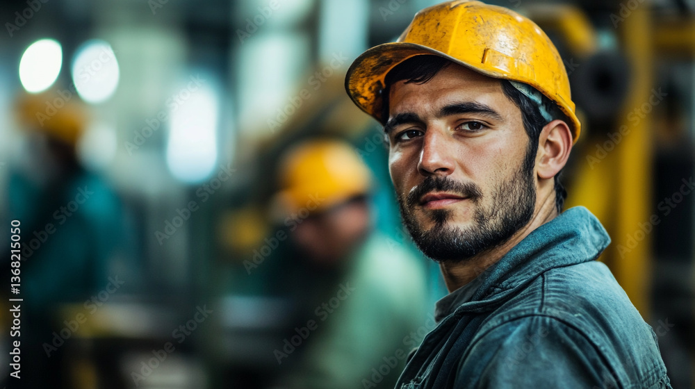 Man in yellow hard hat looking at camera in industrial setting with blurred background and other workers Man in yellow hard hat looking at camera in industrial setting with blurred background and other workers