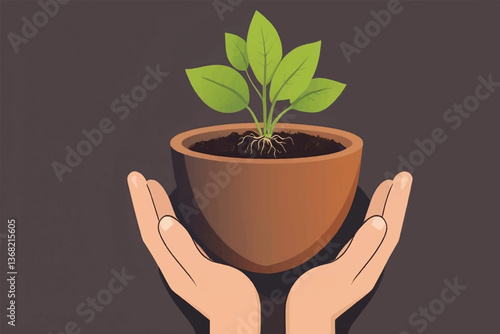 Emphasizes nurturing and protective characteristics of a soil pot symbolizing vital role of human care in meeting a plant's needs for its overall health