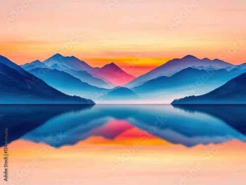 A serene landscape featuring layered mountains reflecting in calm waters during a vibrant sunset, showcasing hues of orange, pink, and blue.