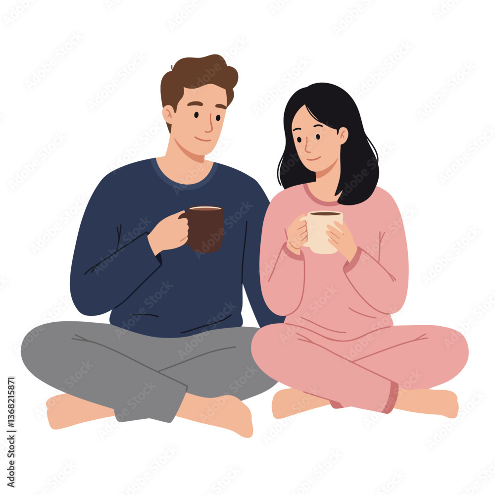 Obraz premium Cozy couple enjoying warm drinks together in minimal vector illustration