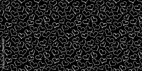 Seamless hearts pattern. White crayon stroke love symbols in doodle style. Ornament of hand drawn kid hearts elements. Graffiti monochrome signs drawn by wax pencil. Vector illustration.