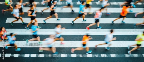 A blurred image shows many runners crossing a pedestrian crossing  Motion blur emphasizes speed and energy  The scene