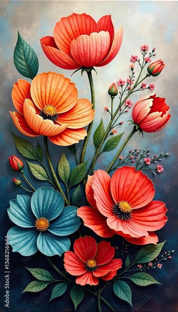 Textured painting of large, colorful flowers with thick brush strokes, summer, spring Textured painting of large, colorful flowers with thick brush strokes, summer, spring