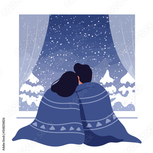 Cozy couple under blanket watching snow fall through window in flat vector art