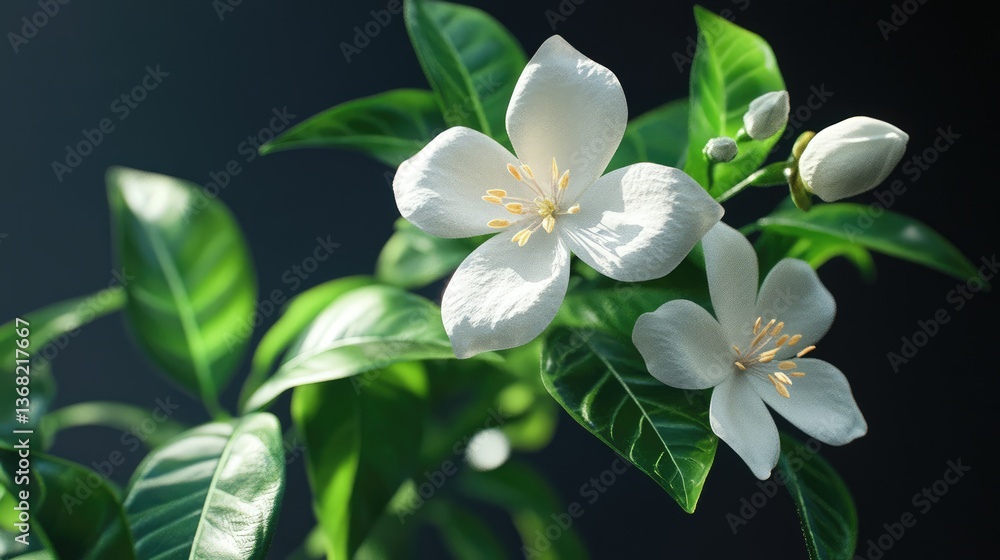 Close-up of delicate white flowers with green leaves, showcasing natural beauty in a serene background Close-up of delicate white flowers with green leaves, showcasing natural beauty in a serene background