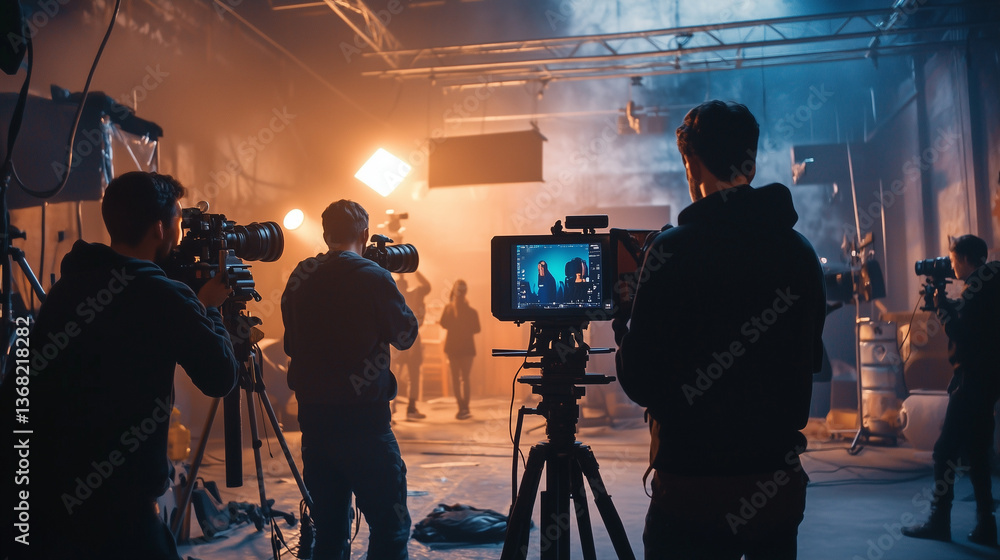 Fototapeta premium Film crew shooting movie scene on set with. Silhouettes of cameramen filming in a studio with smoke and lights. A smoky film set with a team preparing for a movie scene