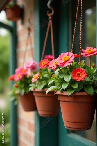 Wallpaper Mural Three hanging flower pots filled with vibrant pink and orange blooms,  blooming,  outdoors Torontodigital.ca
