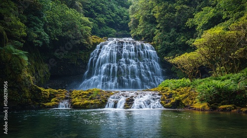 Cascading waterfall surrounded by lush greenery in a spring forest in Azores