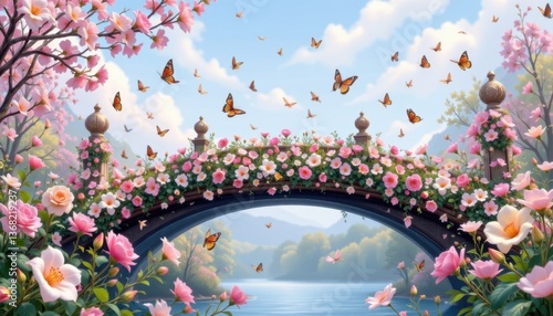 Butterflies flit from blossom to blossom, drawn to the sweet scent of the roses and lilies that adorn the bridge's posts.