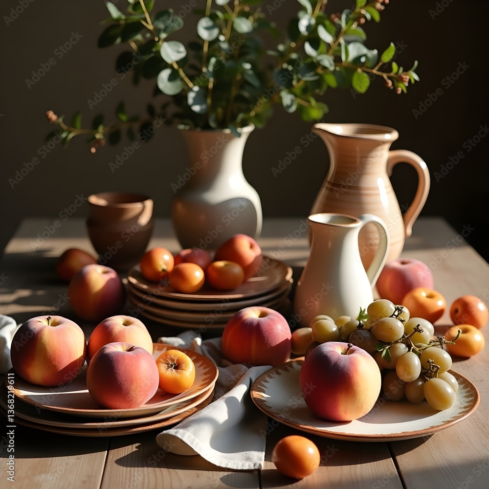 Rustic Still Life with Fruits and Ceramic Tableware Rustic Still Life with Fruits and Ceramic Tableware