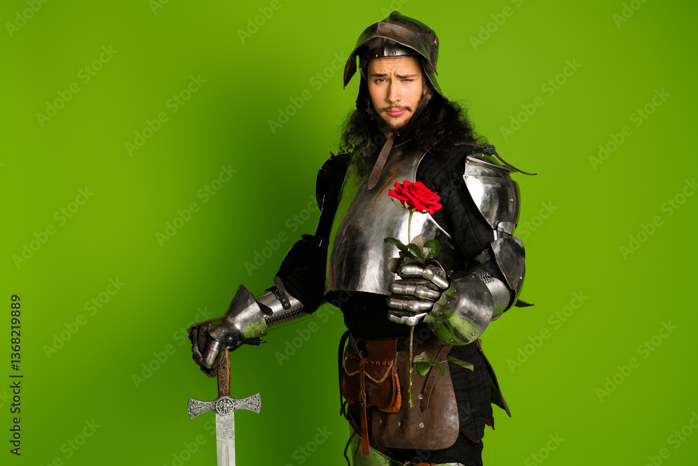 Naklejka premium Young medieval knight in steel armor holding a rose against green background, showcasing a blend of history, romance, and humor.
