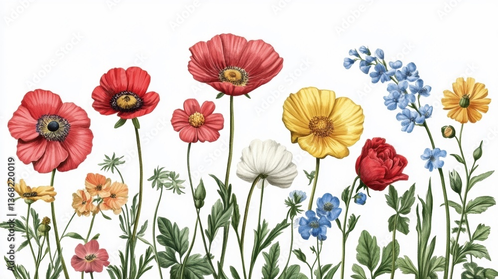 Fototapeta premium Colorful Wildflower Meadow Illustration with Red Poppies and Blue Delphiniums