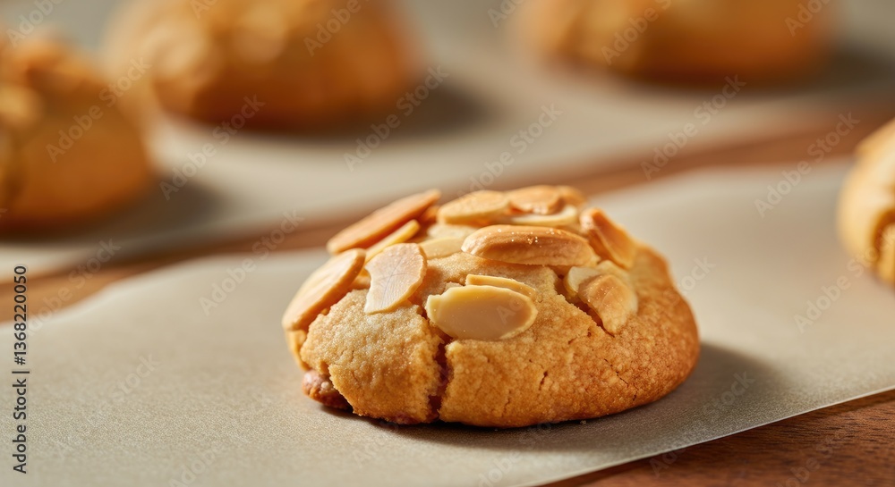 Almond cookies on parchment paper, fresh and homemade dessert Almond cookies on parchment paper, fresh and homemade dessert