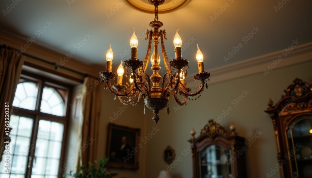 Obraz premium A vintage chandelier hangs from the ceiling, casting a warm glow over the room.