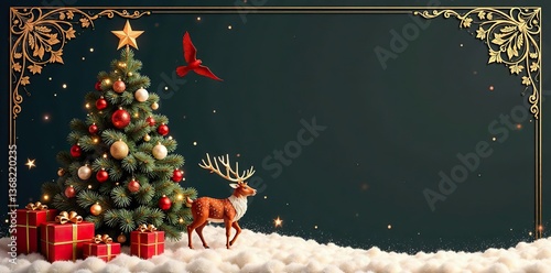 Traditional Corporate Holiday card featuring Christmas tree, reindeers, birds, ornate floral frames, and copy space on a festive background,  ornate,  artistic templates