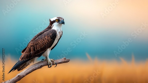 Intense closeup of osprey perched on branch with piercing yellow eyes scanning marsh below