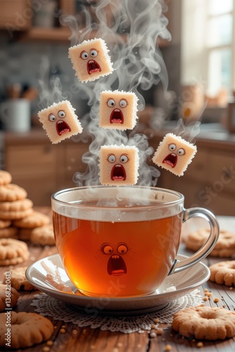 Surreal tea party with animated sugar cubes expressing shock above a steaming cup in a cozy kitchen setting