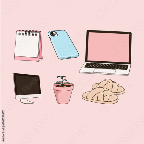 Pastel Minimalist Home Office Icon Set Vector Illustration
