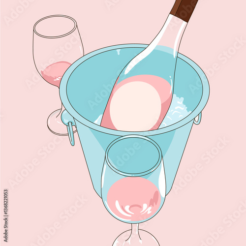 Cold Rose Wine Bottle on an Ice Bucket with 2 Wine Glasses