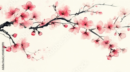 Watercolor Painting of Cherry Blossom Branch with Pink Flowers Artwork